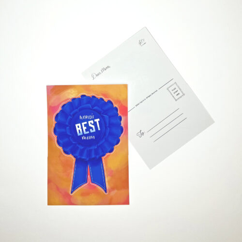 World’s Best Mom Blue Ribbon Sticker Postcard from Faye & Co