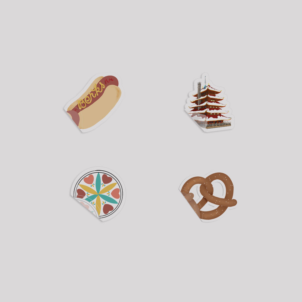 Berks County Sticker Set with Berks Hot Dog, Reading Pagoda, Pennsylvania German Hex Sign, and Pretzel